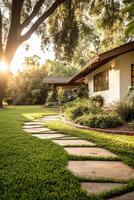 Stone pathway winds through green lawn toward house at sunrise. Lush gardens surround peaceful home bathed in sunlight. Tranquil outdoor scene with natural light. photo