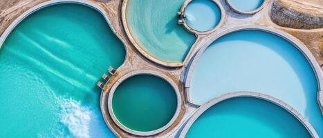 Aerial view of mineral ponds filled with vibrant turquoise water. Circular pools surrounded by earth tones and stone walls. Abstract landscape with texture and pattern. photo