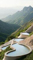 Water pools cascade down mountain slopes. Lush green valley stretches out. Distant peaks fade into misty horizon. Serene natural landscape in sunlight. photo