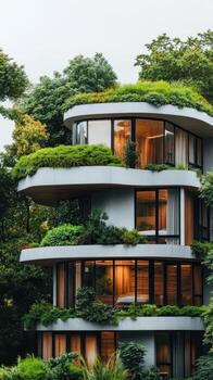 Modern home with green foliage growing on levels. Curved walls with windows on a multistorey building surrounded by trees. photo