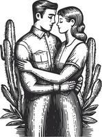 Embracing Couple in a Romantic Desert Scene with Cacti and Flora vector