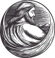 Detailed Illustration of a Bearded Man in Profile with Scenic Background vector