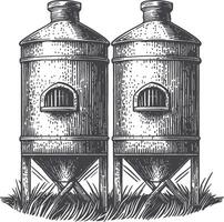 Vintage Drawing of Two Rustic Silos on a Grass Field Background vector