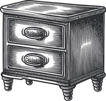 Hand-Drawn Vintage Nightstand with Two Drawers in Black and White vector