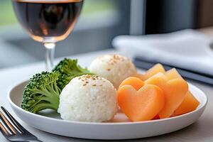 Enjoying a healthy meal with rice balls, broccoli and heart-shaped carrots photo