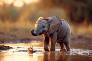 Baby elephant splashing water with trunk at sunset photo