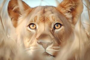 Lioness hiding in the tall grass looking intensely photo