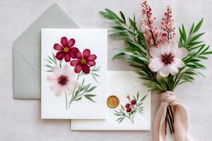 Wedding stationery set featuring cosmos flowers and a bouquet lying on a table photo