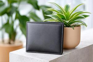 Black leather wallet standing next to a plant in a pot on a concrete surface photo