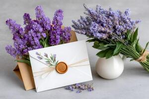Lavender bouquet and elegant white envelope with wax seal inviting to wedding or other important event photo