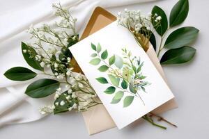 Watercolor greeting card with green leaves and gypsophila flowers is coming out of an elegant envelope photo