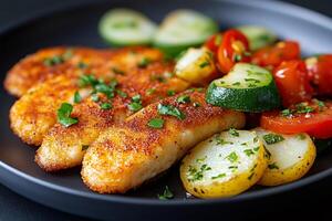 Breaded fish fillets served with roasted potatoes, zucchini and tomatoes, garnished with parsley photo