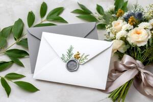 Wedding invitation envelopes with wax seal and floral bouquet resting on marble table photo