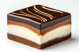 Delicious three layer chocolate cake resting on white background photo