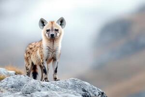Spotted hyena cub standing on a rock photo