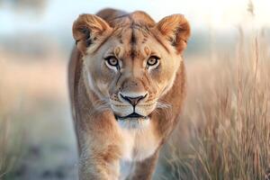 Close-up of a lioness walking in the african savanna photo