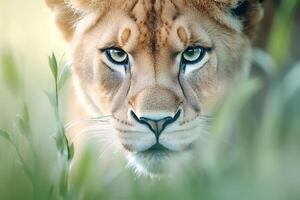 Lioness hiding in the grass looking intensely photo