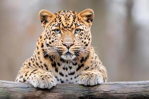 Leopard resting its paws on a branch, looking intensely photo