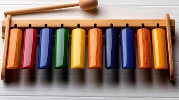 Colorful xylophone with mallet resting on white wooden table photo