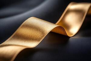 Golden ribbon waving on black background creating elegant composition photo