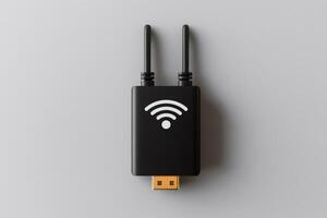 Wireless HDMI dongle with two antennas transmitting data on gray background photo