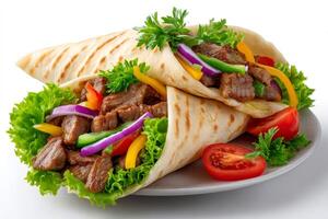 Tortilla wraps with grilled beef and fresh vegetables on white background photo