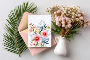 Pink floral greeting card with envelope, dry flowers and palm leaf lying on white table photo