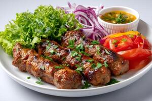 Juicy lula kebab with fresh vegetables and sauce, decorating with parsley photo