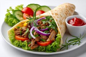 Tortilla wrap with beef, vegetables and ketchup being served on white plate photo