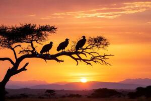 Vultures resting on a branch at sunrise in the african savanna photo