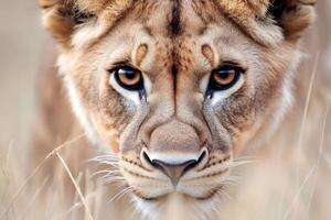 Young lioness hiding in the tall grass of african savanna photo