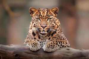 Leopard resting its paws on a branch looking intensely photo