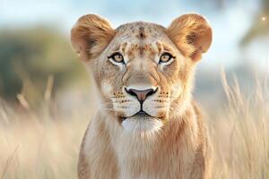 Young lioness looking forward in the african savanna photo