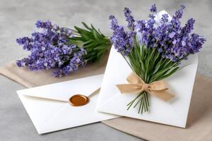 Lavender bouquet presented in white envelope with wax sealed envelope behind photo