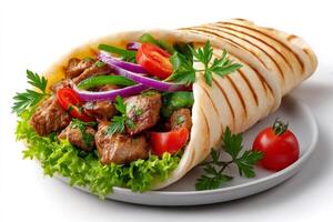 Tortilla wrap with grilled meat, vegetables and lettuce on white background photo