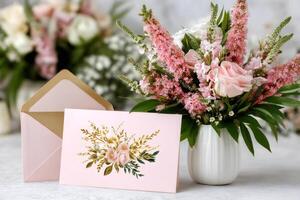 Bouquet of pink flowers with greeting card and envelope photo