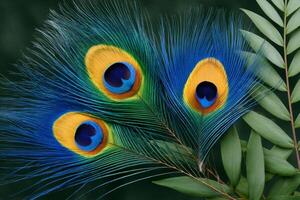 Vibrant Peacock Feathers with Green Leaves Displaying Elegance photo