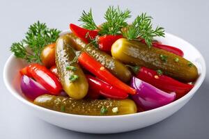 Pickled cucumbers, red chili peppers and red onions garnished with fresh dill are served in white bowl photo