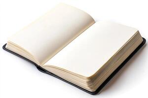 Open notebook with blank pages showing on white background photo