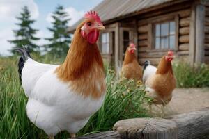 Chickens standing by a wooden fence in front of a log cabin photo