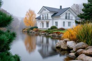 White modern house reflecting on a pond during an autumn foggy day photo