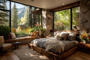 Rustic wooden bed in a mountain cabin bedroom illuminating by sunlight photo