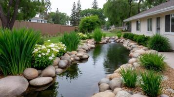 Relaxing backyard landscaping with a small artificial pond, waterfall, rocks, and ornamental grasses photo