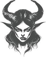Dark Fantasy Illustration of a Horned Demon Woman in Monochrome Style vector