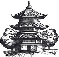 Traditional Asian Pagoda Surrounded by Lush Trees in Black and White vector