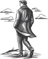 Man Walking in Vintage Style Drawing with Clouds and Landscape Elements vector