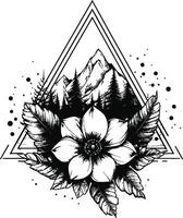 Black and White Triangle Design with Mountain and Floral Elements vector