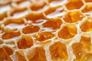 Close-up of honeycomb cells filled with golden honey photo