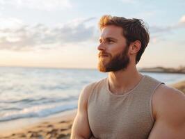 Man enjoying sunset by the beach with calm ocean view photo