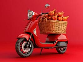Delivery scooter carrying roasted chicken in a vibrant setting photo